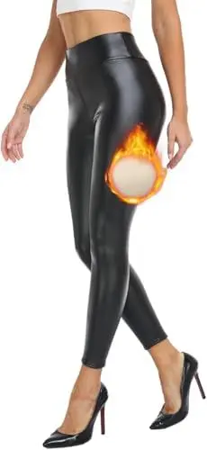 Produktbild: Teemie Damen Leder Leggings High Waist Innenfleece Thermo Winter Kunstleder Hose Hohe Taille Lederoptik Strumpfhosen Hüfthoch Coated PU Bleistifthose für Frauen