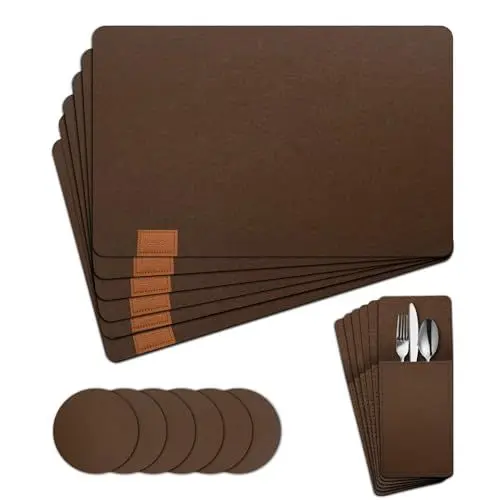 Produktbild: teeppo Tischset Filz Braun, 18er Pack Platzsets Abwaschbar, 6 Hitzebeständige Platzset Filz, 6 Bestecktaschen, 6 Untersetzer-Set, Tischsets für Esstische