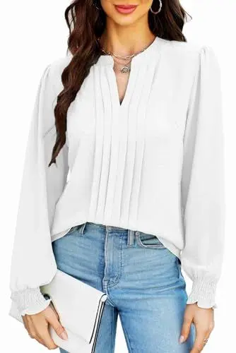 Produktbild: Teesho Damenblusen Elegant V-Ausschnitt Casual Langarm Oberteile Plissee vorne Arbeit Shirts Tunika Hemd Tops (Weiß/L)
