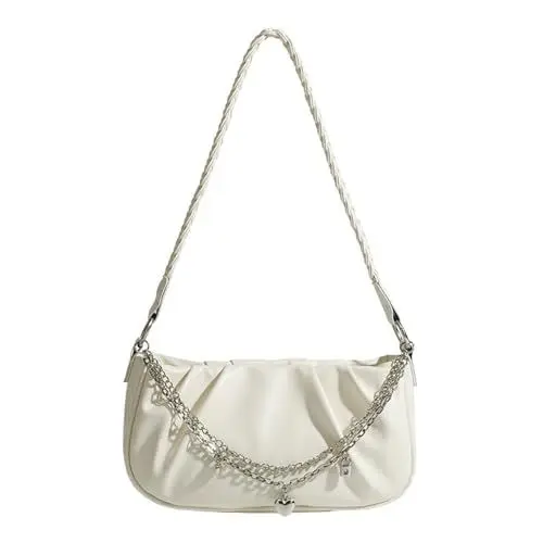 Produktbild: TeeYee Damen PU Leder Umhängetasche Y2K Schultertasche mit Kette und 2 Abnembar Schultergurt Mini Hobo Bag beige