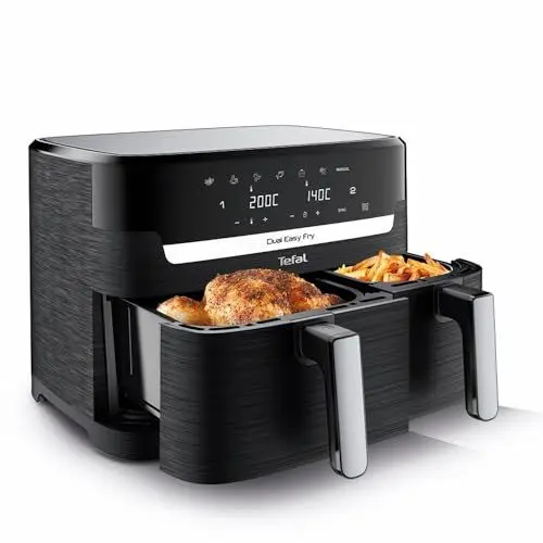 Produktbild: Tefal Dual Easy Fry Heißluftfritteuse Doppelkammer, 5,2/3,1 L Fassungsvermögen, zwei unabhängige Schubladen, 7 automatische Programme, energiesparend, schwarz, EY9018