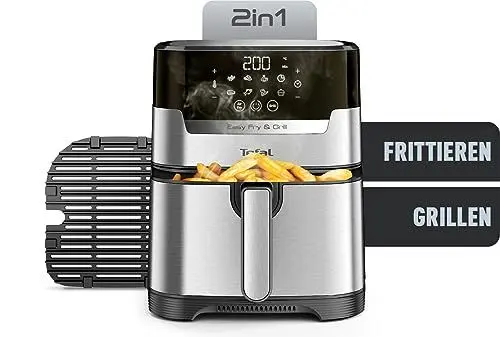 Produktbild: Tefal EY505D Easy Fry & Grill Heißluftfritteuse, 2-in-1 Technologie (Air Fryer und Grill), Digitales Display, 4,2 Liter für 6 Portionen, 8 Kochprogramme, energiesparend, ohne Öl, Edelstahl, XL