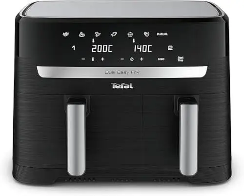Produktbild: Tefal Dual Easy Fry Heißluftfritteuse Doppelkammer, 5,2/3,1 L Fassungsvermögen, zwei unabhängige Schubladen, 7 automatische Programme, energiesparend, schwarz, EY9018