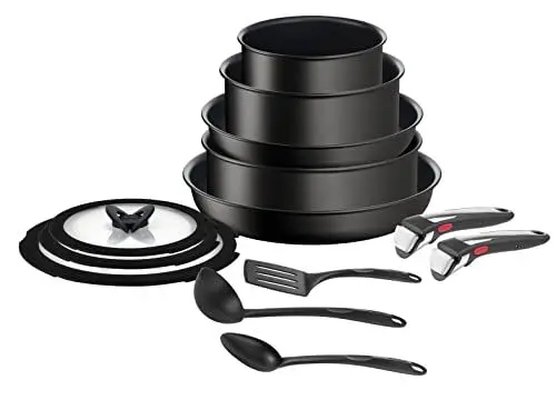 Produktbild: Tefal Ingenio 13-teiliges Kochgeschirr-Set, Antihaftbeschichtung, Induktionstauglich, Pfannen, Töpfe, Deckel, Griffe, Küchenhelfer, L3959343, Schwarz, 24/28 cm
