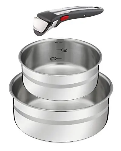 Produktbild: Jamie Oliver by Tefal Ingenio 3-teiliges Kasserollenset, 16/20 cm, Topfset abnehmbarer Griff, stapelbar, platzsparend, Topfset Induktion, einfache Handhabung und Reinigung, Innenskalierung, L977S3