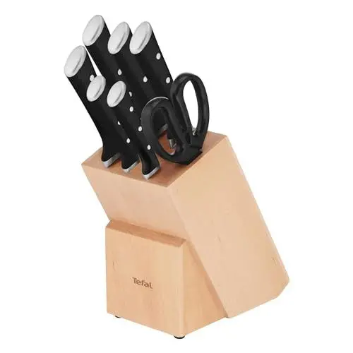 Produktbild: Tefal Ice Force 8-tlg. Messerblock-Set, 6 Messer, 1 Schere, 1 Holz-Messerblock, hochwertiger deutscher Edelstahl, Ice Force Technologie, korrosionsbeständig, schwarz, braun, silber, K232S7