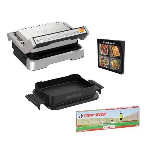 Produktbild: Tefal OptiGrill 4-in-1 Tipp-Kick Edition Kontaktgrill, Grillen/BBQ/Ofen/komplette Mahlzeit, 9 Automatik-Programme, inklusive Backschale und Tipp-Kick Spiel, Silber, GC774D.TK