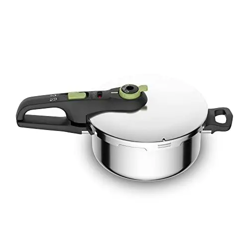 Produktbild: Tefal Secure Trendy Schnellkochtopf Induktion 4l, 2-Stufen-Garregler: Intensivstufe 117°C, Schonstufe 112°C, Induktions-Kapselboden, für alle Herdarten, Edelstahl/Schwarz/Grün, P2580400
