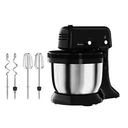 Produktbild: Tefal QB1108 Oh My Cake Küchenmaschine | 300 Watt | Satelliten-Rührwerk | 4-L-Edelstahl-Schüssel | kompakte Größe | 5 Geschwindigkeiten | inkl. 2 Schneebesen, 2 Knethaken | Schwarz