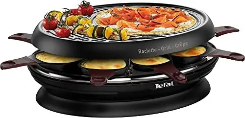 Produktbild: Tefal RE3200 Store'In Raclette, 1050 Watt, Raclette, Grill und Crêpe, 8 Pfännchen, Verstauen im Gerät, Antihaftbeschichtung, spülmaschinengeeignet, schwarz
