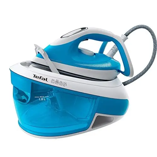 Produktbild: Tefal Express Airglide Dampfbügelstation, 2800 Watt, Durilium Airglide Bügelsohle, 5,9 Bar Pumpendruck, konstante Dampfabgabe: 120 g/Min., Dampfstoß: 380 g/Min., Vertikaldampf, weiß/blau, SV8002