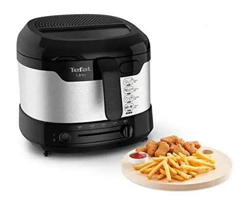 Produktbild: Tefal Uno M Fritteuse, 1470 Watt, Kapazität: 1 kg, Einstellbares Thermostat, Sichtfenster, Abtropfposition, Edelstahl, schwarz, Medium, FF215D