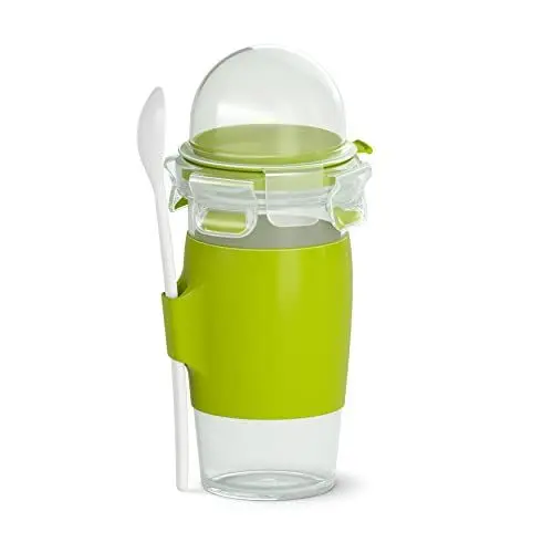 Produktbild: EMSA Clip & Go Yoghurtbecher, 0,45 L, rund, inklusive Löffel und Topping-Fach, 100 Prozent dicht, mit Frischedichtung, Transparent, Hellgrün, Made in Germany, N10714