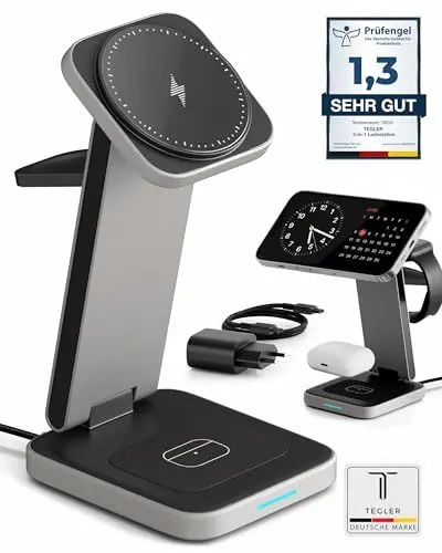 Produktbild: TEGLER 3-in-1 MagSafe Ladegerät für iPhone, Apple Watch und AirPods– Kabelloses Ladegerät aus Aluminium, faltbar, Ladestation für Apple Watch und iPhone, mit 20W Adapter und USB-C Kabel