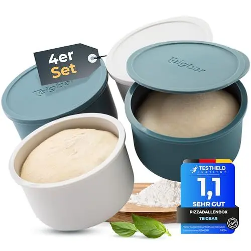 Produktbild: Teigbar Pizzaballenbox mit Deckel, 4er Set - platzsparende Teigbox aus löse-leichtem Silikon - bis zu 350g Pizzateig Box - Gärbox, Pizza Zubehör, Pizza Box - Blau/Weiß - Ø13cm