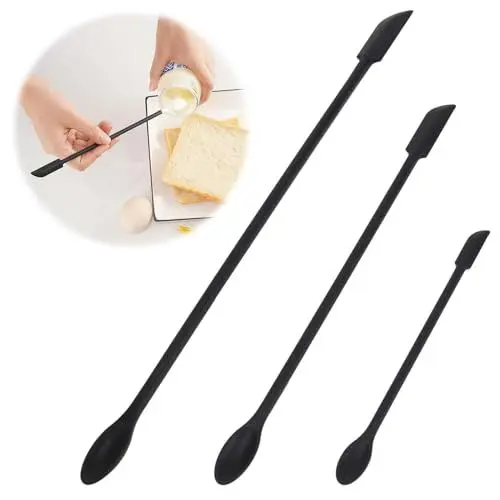 Produktbild: Teigschaber Klein, 3 Stück Teigschaber Schmal Mini Silikon Spatel Teigschaber mit Löffel, 2 in 1 Lang Nicht Stick Klein Silikonschaber Küchenutensilien zum Backen Kochen und Mischen (Schwarz)