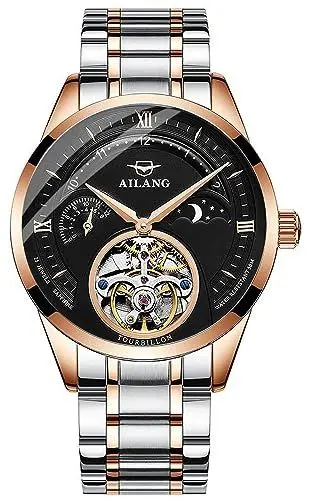 Produktbild: TEINTOP Herren Uhren Automatik Skelett Mechanische Mondphase Armbanduhr Männlich (Roségold Shwarz)
