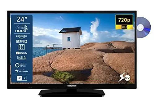 Produktbild: TELEFUNKEN XH24SN550MVD 24 Zoll Fernseher/Smart TV (HD Ready, HDR, Triple-Tuner, 12 Volt, DVD-Player) - 6 Monate HD+ inklusive (2023), Schwarz