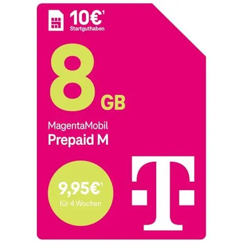 Produktbild: Telekom MagentaMobil Prepaid M mit 8 GB Highspeed-Volumen | 5G/LTE Max & Allnet Flat in alle dt. Netze | unverbrauchtes Datenvolumen weiter nutzen | EU Roaming & Hotspot Flat | 10 EUR Startguthaben