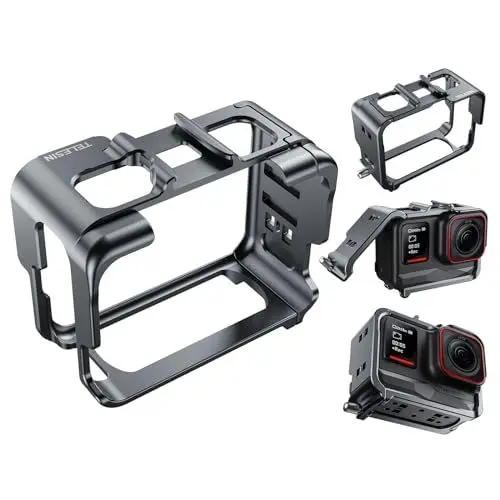 Produktbild: TELESIN Vertikales horizontales Aluminiumgehäuse Metallkäfig für Insta360 Ace und Insta 360 Ace Pro Stativzubehör, Schutzrahmengehäuse Skeletthülse mit 1/4 Kaltschuh für Videolichtmikrofon