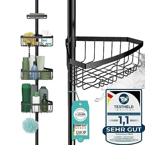 Produktbild: Teleskop Duschregal schwarz mit 3 Fach Anti-Rost Schutz (Version 2.0) - Stabiles & flexibles 105-270cm Duschregal Teleskop ohne Bohren - Teleskopregal Bad 4 Körbe - Klemmregal Dusche und Badewanne