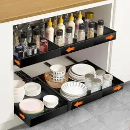 Produktbild: Teleskopschublade,Dehnbar Ausziehbarer Schrank Organizer, Kohlenstoffstahl Ausziehbare Schubladen Aufbewahrungsregale,Sanft Verschiebbar Korbauszug Küchenschrank(Schwarz, Expandierbare Breite 32-48cm)