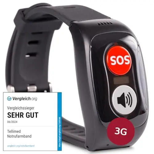 Produktbild: tellimed Carino 3G - Notfallarmband Senioren mit Telefonfunktion, SIM Slot & ohne ABO - Senioren Notruf Armband & Notrufknopf für Senioren & Erwachsene