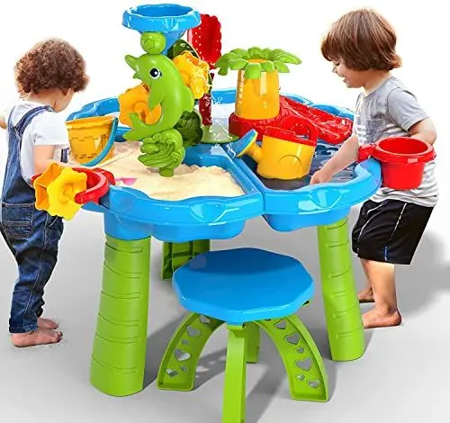 Produktbild: TEMI 3 in 1 Sand Wassertisch Sandspielzeug Kinder 28 Stück Wasserspielzeug Sandkasten Spielzeug Strandspielzeug Set Sommer Spielzeug für Draußen Strand Aktivität Tisch für Kinder Mädchen Junge