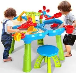 Produktbild: TEMI 4 in 1 Sand Wassertisch Sandspielzeug Kinder 32 Stück Wasserspielzeug Sandkasten Spielzeug Strandspielzeug Set Sommer Spielzeug für Draußen Strand Aktivität Tisch für Kinder Mädchen Junge