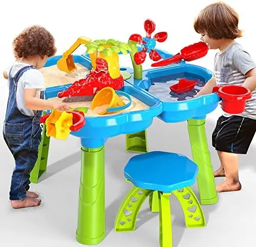 Produktbild: TEMI 4 in 1 Sand Wassertisch Sandspielzeug Kinder 32 Stück Wasserspielzeug Sandkasten Spielzeug Strandspielzeug Set Sommer Spielzeug für Draußen Strand Aktivität Tisch für Kinder Mädchen Junge