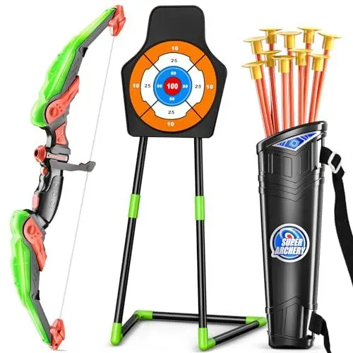 Produktbild: TEMI Bogen und Pfeil Set für Kinder mit LED-Leuchten-Bogenschießen Set mit Saugnapf Pfeile, Quivers-Ziel, Outdoor Spielzeug für Kinder Jungen und Mädchen Alter 3-12 Jahre Alt