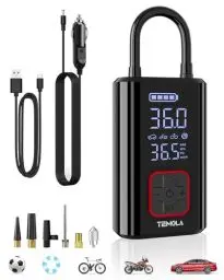 Produktbild: TEMOLA Elektrische luftpumpe, 12V DC und elektrische Luftpumpe mit LED, Tragbare akku kompressor mit Manometer 150PSI, akku luftpumpe mit Autostop für Auto, Fahrräder, Motorräder, & Bälle