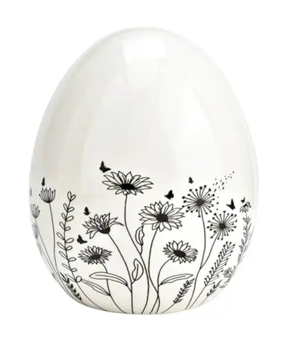 Produktbild: TEMPELWELT® Deko Figur Osterei 10 x 12 cm, Keramik weiß schwarz Landhaus Stil - Ei mit Blumenwiese Dekor, Keramikei Osterderation für Frühling und Ostern