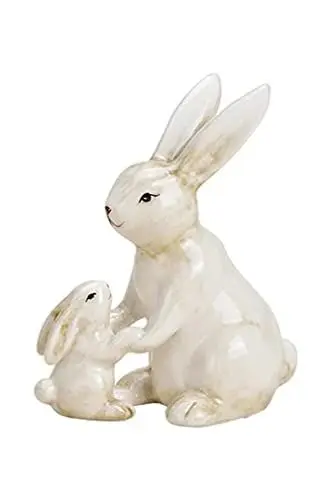 Produktbild: TEMPELWELT® Deko Figur Osterhase Hase mit Kind 11 cm, Keramik alt-weiß braun, Dekofigur Dekohase Hasenfamilie Osterdeko Osterfigur für Frühling Ostern Sommer