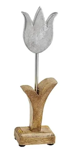 Produktbild: TEMPELWELT® Deko Figur Tulpe Blume 26 cm, Aluminium Metall Blüte Silber mit Mango Holz massiv Natur, Holzdekoration Blümchen Aufsteller Frühling Ostern Sommer