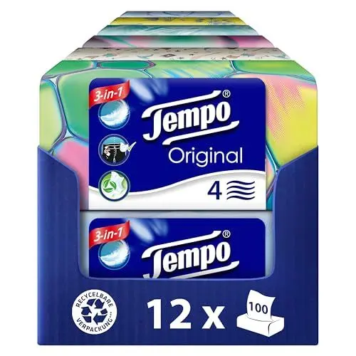 Produktbild: Tempo Original Taschentücher Duo-Box - Vorteilspack - 12 Boxen, 100 Tücher pro Box - extra starke, weiche Papiertaschentücher, waschmaschinenfest