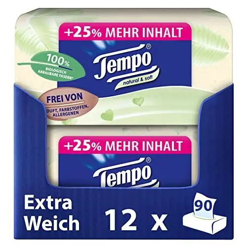 Produktbild: Tempo natural & soft Taschentücher Box - Megapack - 12 Boxen, 90 Tücher pro Box - natürliche, extra weiche Papiertaschentücher, waschmaschinenfest