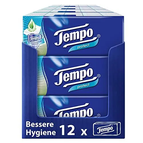 Produktbild: Tempo protect Taschentücher - Megapack - 12 Packungen mit je 20 Päckchen x 9 Tüchern - Papiertaschentücher mit antibakteriellem Wirkstoff, waschmaschinenfest