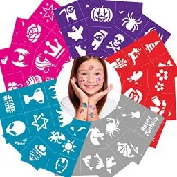 Produktbild: Temporäre Tattoo-Schablonen, 100PCS Groß Glitzer Tattoo Schablonen für Gesicht Körper- Wiederverwendbare Kinderschminke Schminkschablonen für Kinder Mädchen, Weihnachten, Halloween, Schule, Geburtstag