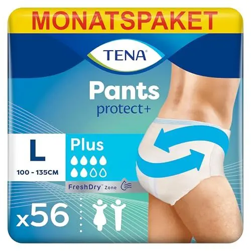 Produktbild: TENA Pants Plus - 56 Pants im Monatspaket (4 x 14 Stück) - Einweghosen für Frauen und Männer - atmungsaktive Unisex Inkontinenzslips - bei Blasenschwäche und Harninkontinenz - Weiß, Größe L