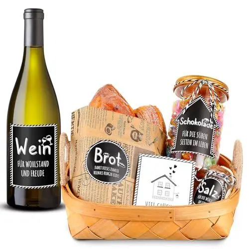 Produktbild: Tenare 8 Stück Schokolade Brot Salz Wein Aufkleber 1 Glückwunschkarte zum Einzug Einweihungsgeschenk Geschenkkorb Etiketten mit 2 m Baumwolle Schnur für Neues Zuhause Wohnung Geschenk(Schwarz)