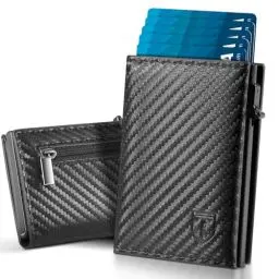 Produktbild: TENBST Geldbörse Herren | Slim Wallet mit Münzfach & RFID-Schutz | Portmonee Herren | Mini Kartenetui Kartenhalter | Brieftasche Geldbeutel und Geschenkbox | Carbon-Schwarz