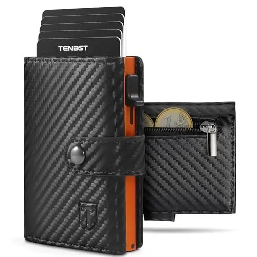 Produktbild: TENBST Geldbörse Herren mit Münzfach & RFID Schutz, Slim Wallet Kartenetui Klein, Portmonee Geldbeutel Herren, 10 Fächer für Kreditkarten Kreditkartenetui (Schwarz- orange)