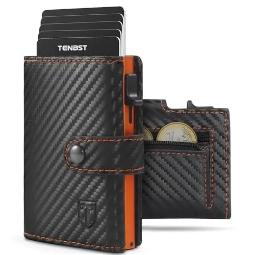 Produktbild: TENBST Geldbörse Herren mit Münzfach & RFID Schutz, Slim Wallet Kartenetui für 10 Kreditkarten, Portmonee Geldbeutel Herren, Kreditkartenetui Klein - S(Orange- schwarz)