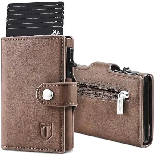 Produktbild: TENBST Slim Wallet mit Münzfach, Geldbörse Herren RFID Schutz, Kunstleder Portmonee Herren, Automatisches Pop-up-Kreditkartenetui, Braun, Classic