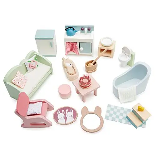 Produktbild: Tender Leaf Toys Puppenmöbelset (Holzspielzeug, im Landhaus-Stil, Zubehör für Puppenhäuser, in Pastellfarben, L x B x H 42 x 30 x 9,2 cm, Kinderspielzeug) 7508166