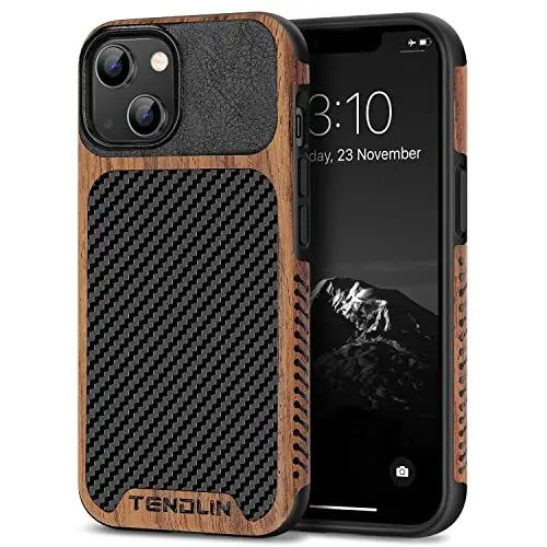 Produktbild: TENDLIN Kompatibel mit iPhone 14 Hülle, Holz und Carbon Textur Design Leder Hybrid Handyhülle (Schwarz)