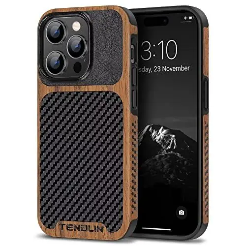 Produktbild: TENDLIN Kompatibel mit iPhone 14 Pro Hülle, Holz und Carbon Textur Design Leder Hybrid Handyhülle (Schwarz)