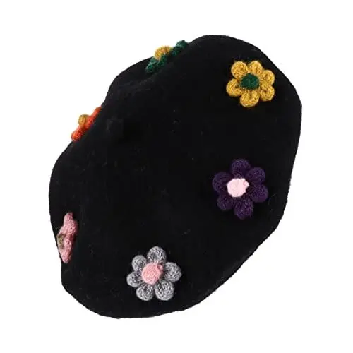 Produktbild: TENDYCOCO Mädchen Wollmütze Elegante Blumen Design Beanie Mütze Warme Kopfbedeckung Schwarz