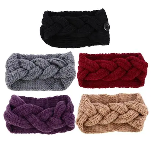 Produktbild: 5-teiliges Gestricktes Häkel-stirnband Ohrenwärmer Für Damen Mit Knopf Bequemes Wickeltuch Für Outdoor-aktivitäten Zufällige Farbe